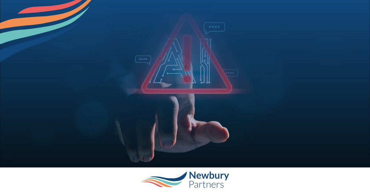 Hand pointing at AI warning triangle symbol representing C-suite leadership technology concerns.