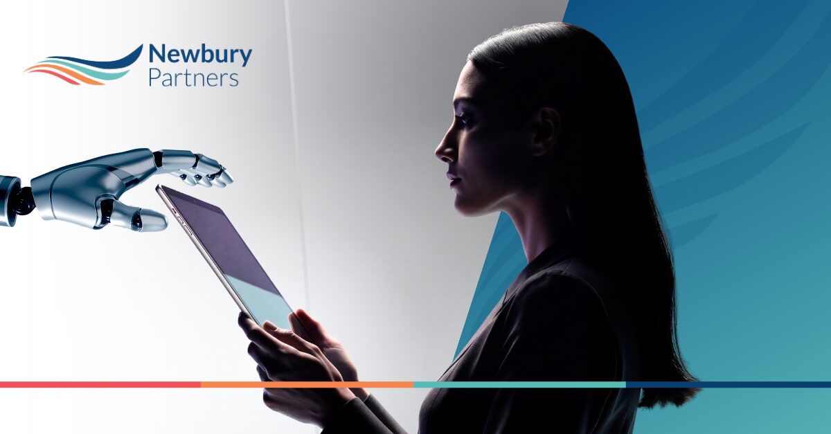 Staffing professional and robotic hand on tablet representing AI recruiter capacity planning.