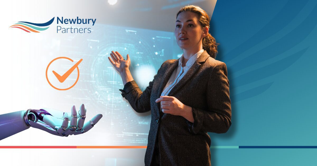 Staffing leader presenting AI implementation strategy alongside a robotic hand and approval checkmark.